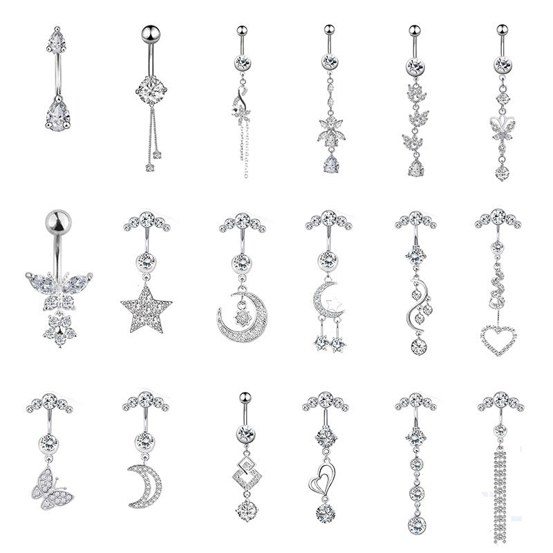 Stainless Steel European And American Inlaid Zircon Navel Stud Love Moon Piercing Jewelry