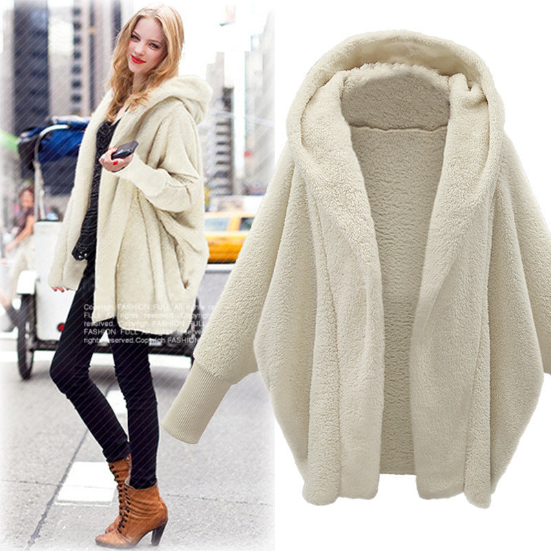 European And American Women's Clothing Solid Color Long Sleeve Hooded Loose Plush Coat