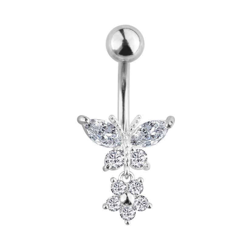 Stainless Steel European And American Inlaid Zircon Navel Stud Love Moon Piercing Jewelry