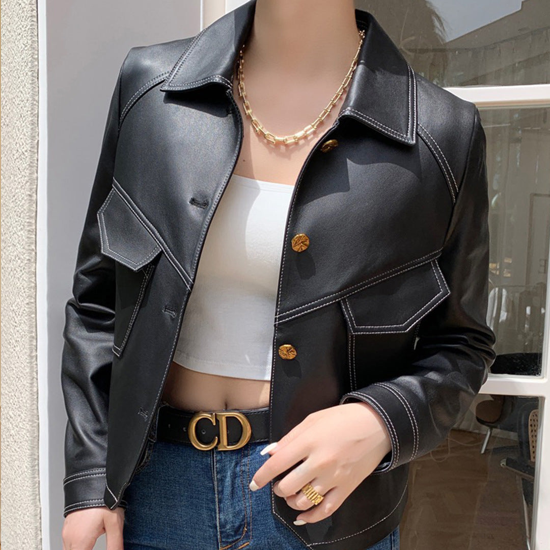 Coat Collar Buckle Leather Women's Short Slim-fitting Biker