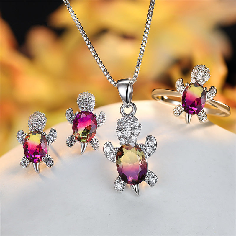 Fashion Oval Zircon Pendant Turtle Shape Necklaces With Rainbow Stone Multicolor Animal Necklace Jewelry For Woman And Children